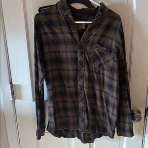Casual Men's Plaid Button-Down Shirt - Black and Brown Large